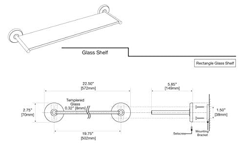 Gatco 5057 Designer II Glass Shelf, Brushed Brass/Wall Mounted 22.50" x 5.85" Tempered/Floating Rectangle Glass Shelf for Bathroom
