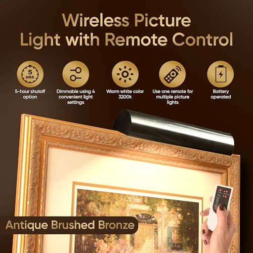 Concepdesigns 7.75" Battery-Operated Dimmable Picture Light, Wireless Wall Art & Library Light, Antique Brushed Bronze