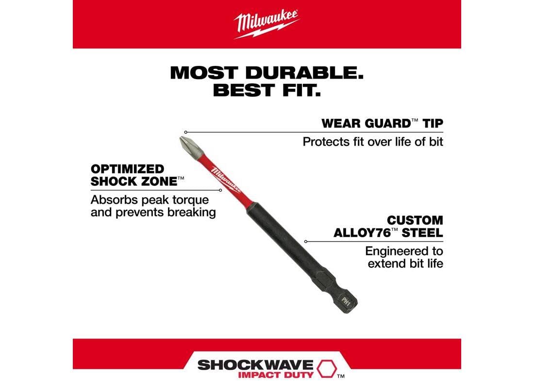 MILWAUKEE ELECTRIC TOOL 48-32-4564 Shockwave 3-1/2" Power Bit Phillips #2 5 Pack