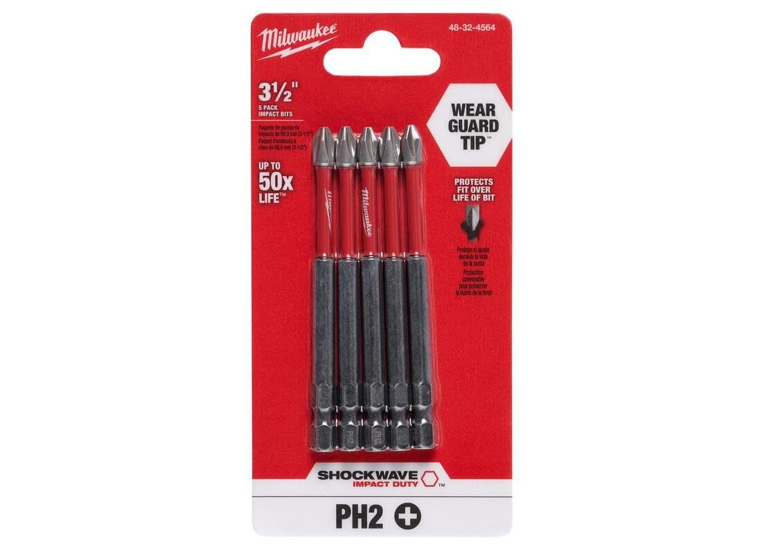 MILWAUKEE ELECTRIC TOOL 48-32-4564 Shockwave 3-1/2" Power Bit Phillips #2 5 Pack