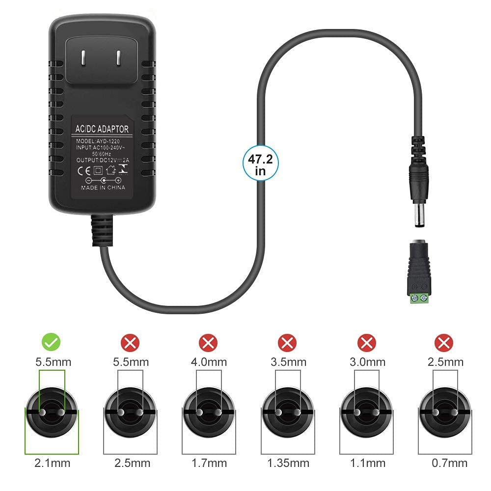 12V 2A LED Power Supply Adapter 24W, 100-240V AC to 12V DC Transformer for LED Strip Lights, Wall Plug with 5.5x2.1mm Connector (2 Pack)