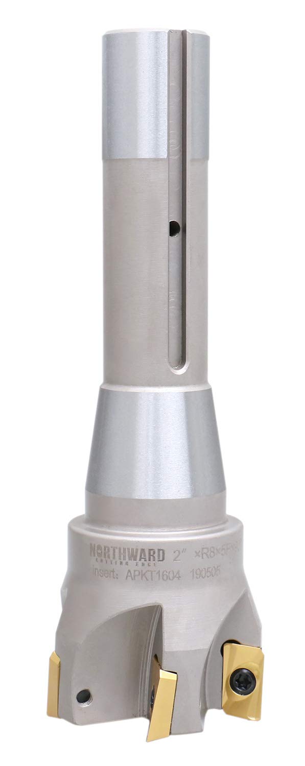 Accusize Industrial Tools 2'' Diameter by 6-1/8'' Oal 90 Degree R8 Shank Indexable End Mill with 5 Apkt1604 Carbide Inserts, 0028-6906