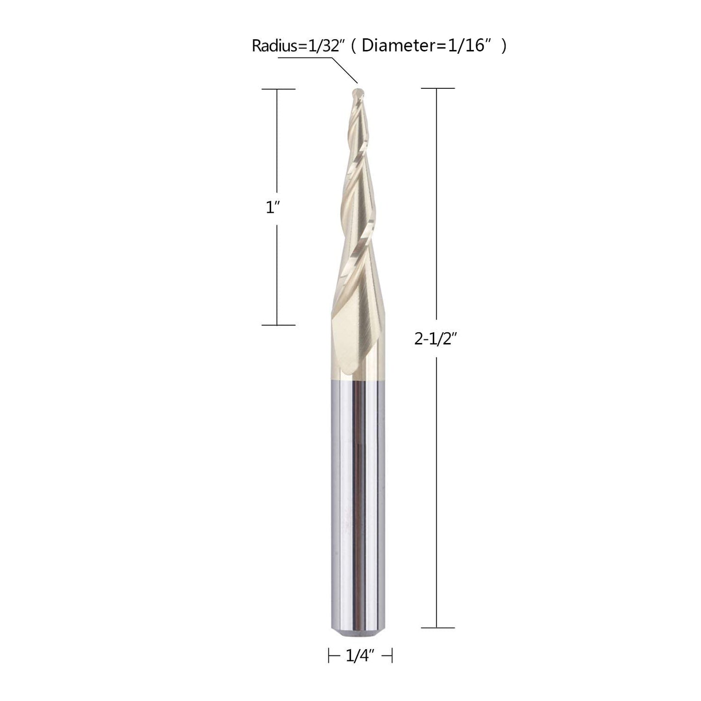 SpeTool Tapered Ball Nose End Mill 1/4" Shank with 1/32" Cutting Radius for 3D Carving Engraving Router Bit, ZrN Coated