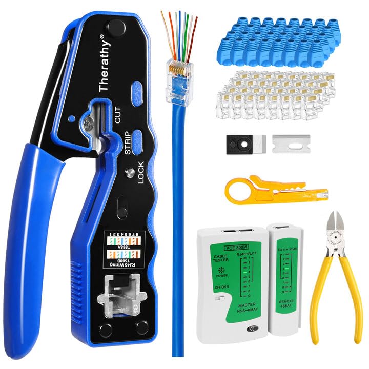 Therathy RJ45 Crimp Tool Kit, Ethernet Crimper for Pass-Through RJ45, Includes Cat6 Connectors, Cat5/Cat5e/Cat6 Network Cable Tool Set