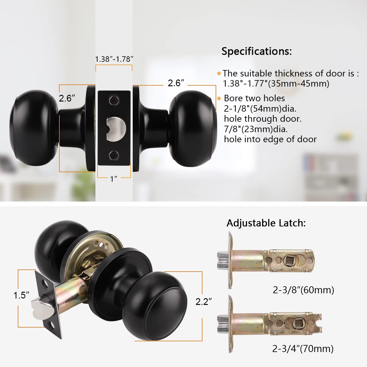 Probrico Black Door Knobs Interior, Passage Door Knobs for Hallway Closet, Matte Black Keyless Indoor Door Knob, 6 Pack