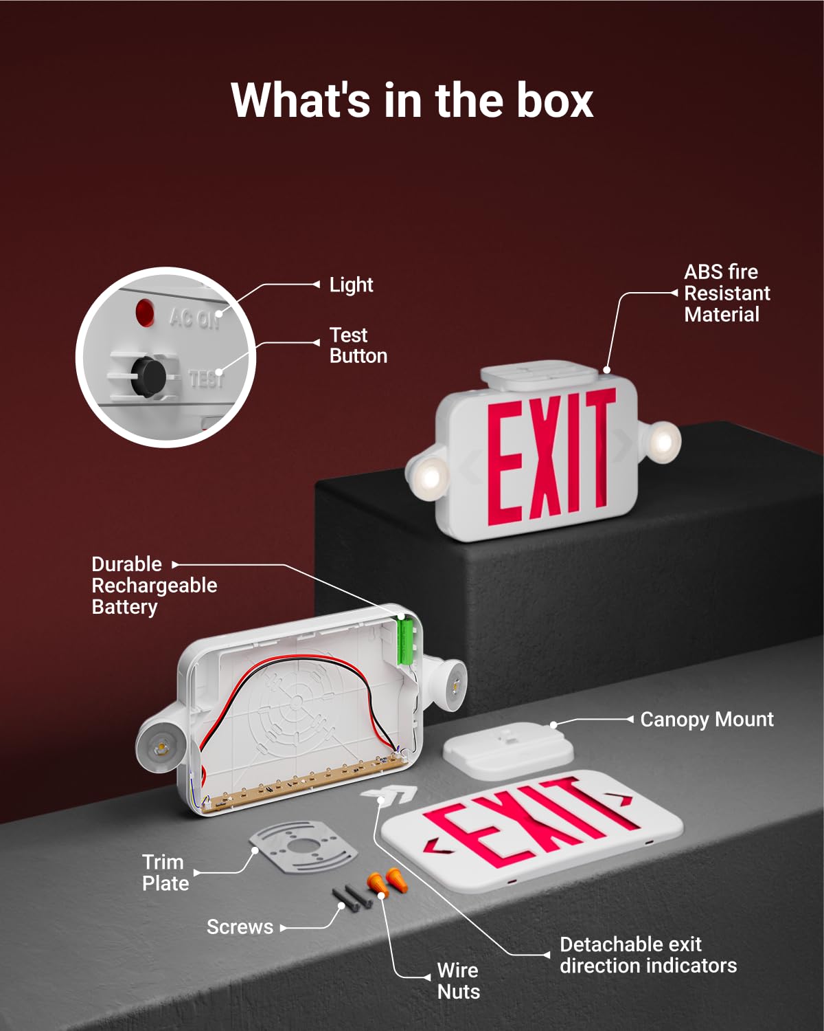 Sunco 6-Pack LED Exit Sign with Emergency Lights, Red, Adjustable Mini Lights, Fire Resistant, Backup Battery, 200 Lumens, UL