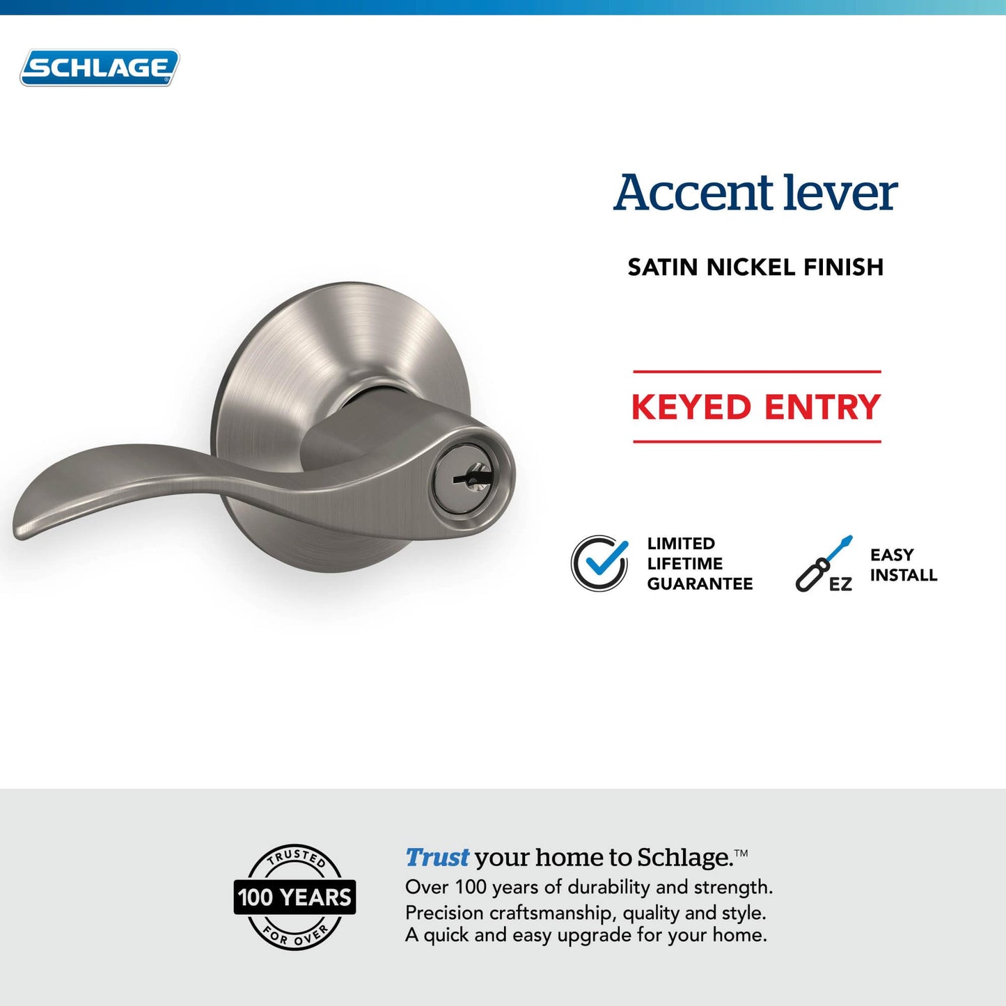 Schlage F51A ACC 619 Accent Door Lever, Keyed Entry Lock, Satin Nickel