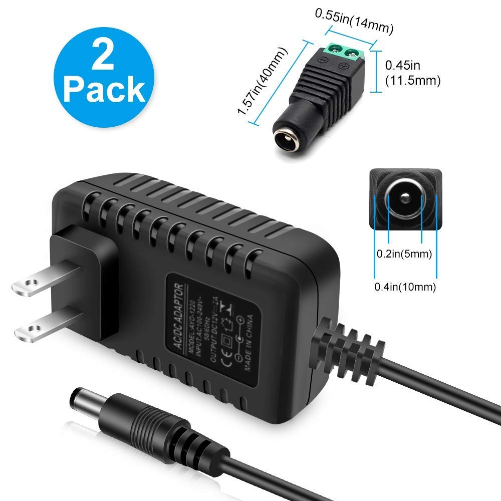 12V 2A LED Power Supply Adapter 24W, 100-240V AC to 12V DC Transformer for LED Strip Lights, Wall Plug with 5.5x2.1mm Connector (2 Pack)