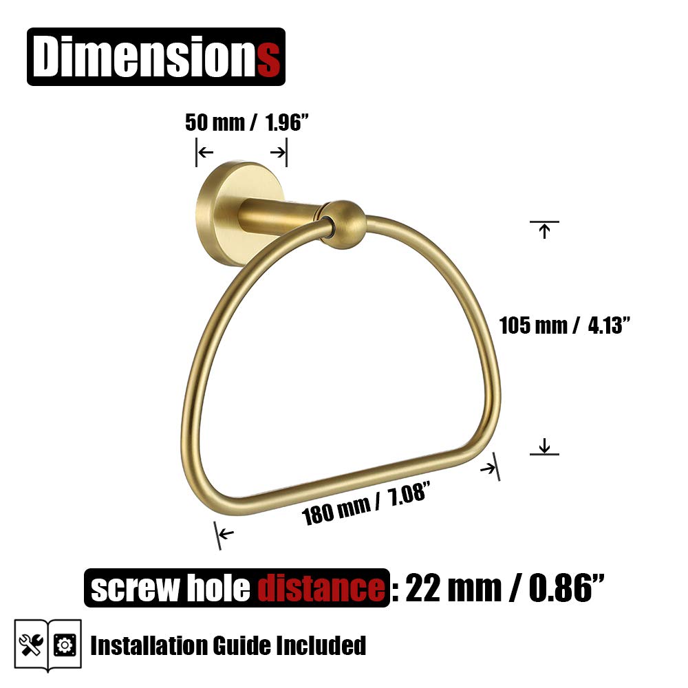 JQK Towel Ring Light Gold, Stainless Steel Half Ring Towel Holder for Bathroom, 7 Inch Brushed Golden Wall Mount, TR160-BG