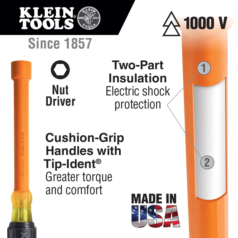 Klein Tools 646516INS 5/16-Inch Insulated Cushion Grip Nut Driver, Made in USA, 6-Inch Shank