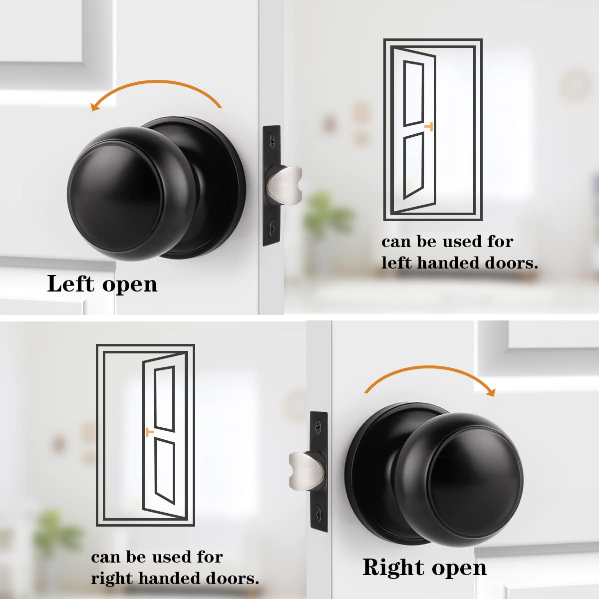 Probrico Black Door Knobs Interior, Passage Door Knobs for Hallway Closet, Matte Black Keyless Indoor Door Knob, 6 Pack