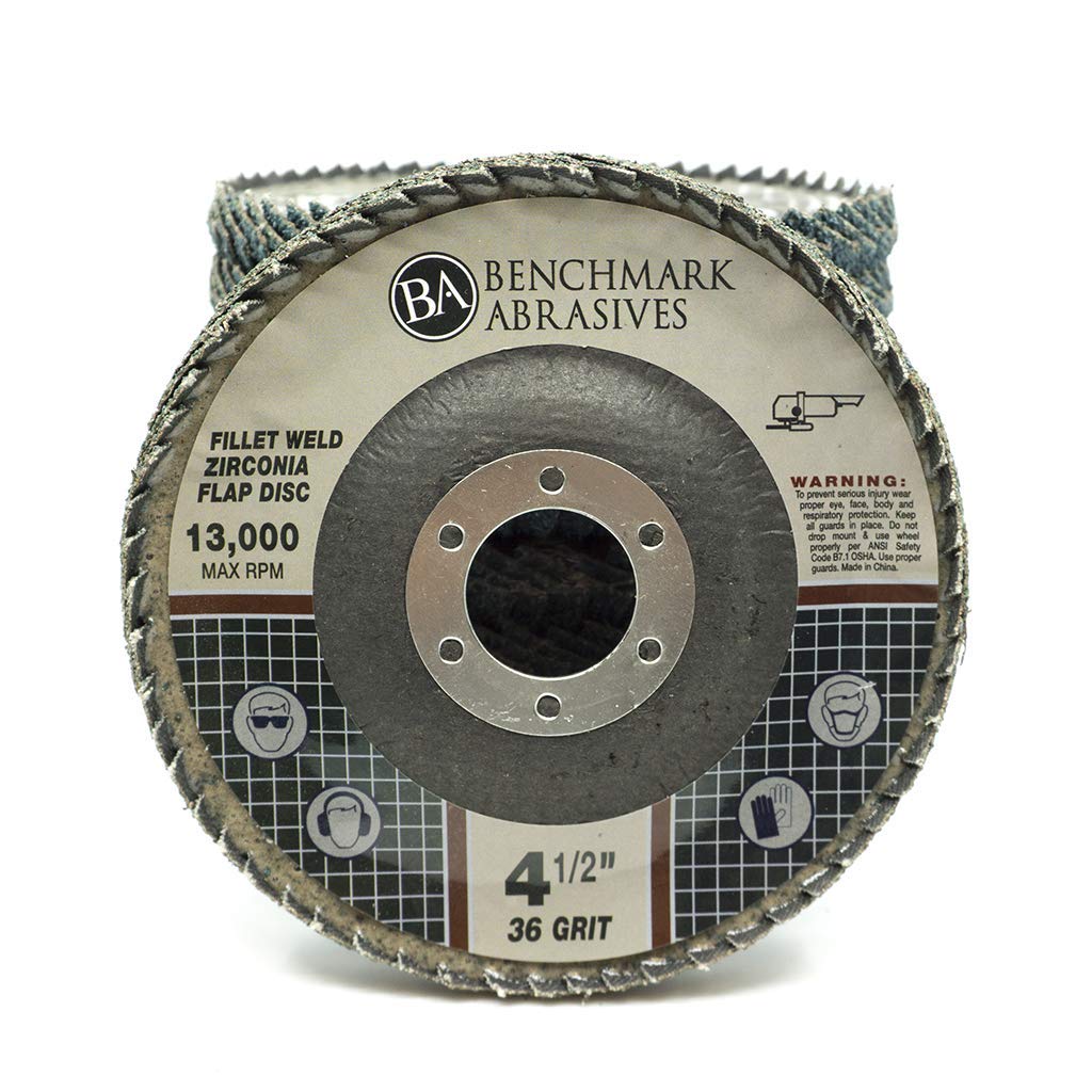 Benchmark Abrasives 4.5" Zirconia Curved Flap Discs, 36 Grit, 5 Pack – Weld Grinding, Deburring & Finishing Irregular Surfaces