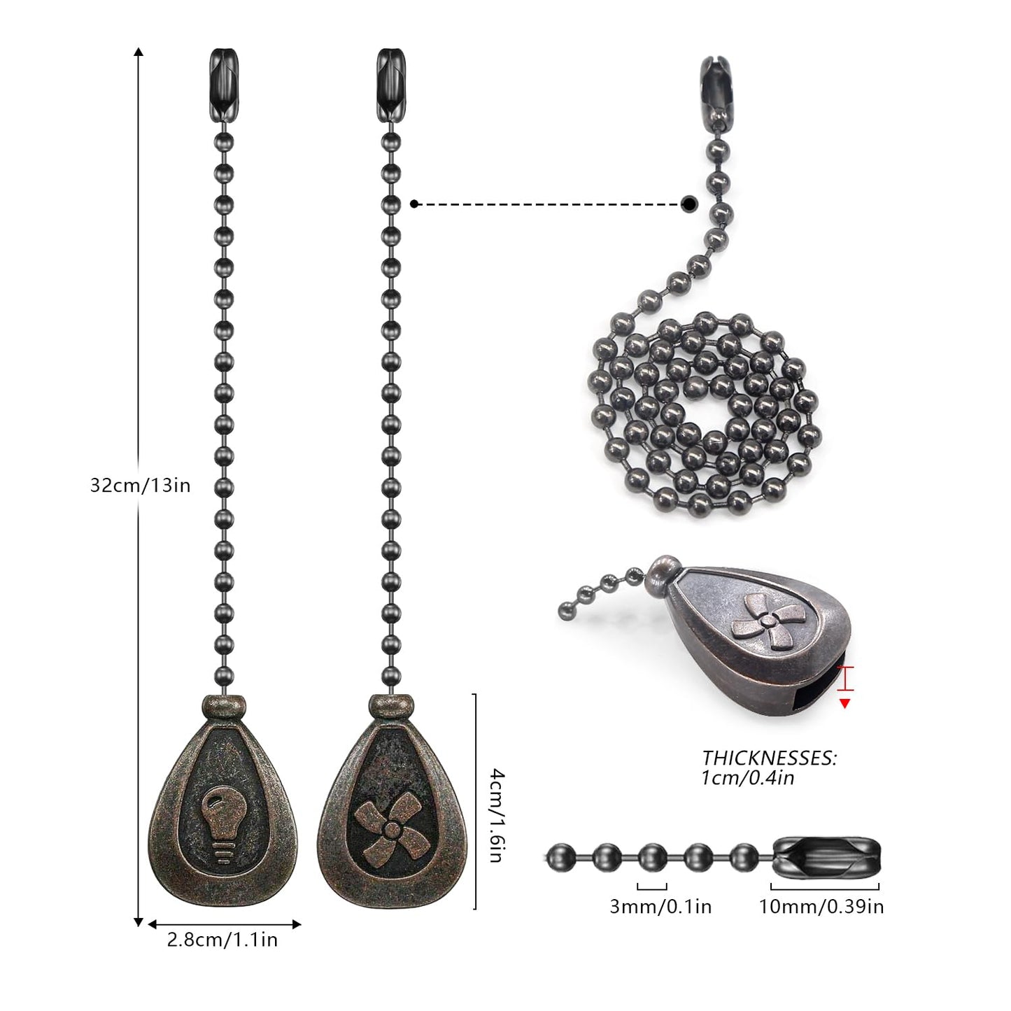Dotlite Bronze Ceiling Fan Pull Chain Set, 12" Beaded Ball Extender with Connector, Decorative Pendant for Fan & Light, 2 Pack