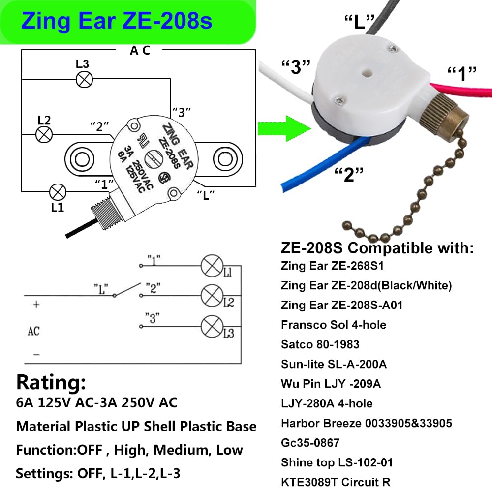 Zing Ear ZE-208s Ceiling Fan Pull Chain Switch, 3-Speed 4-Wire, Pre-Installed, Replacement for Hunter & Harbor Breeze Fans (Bronze)