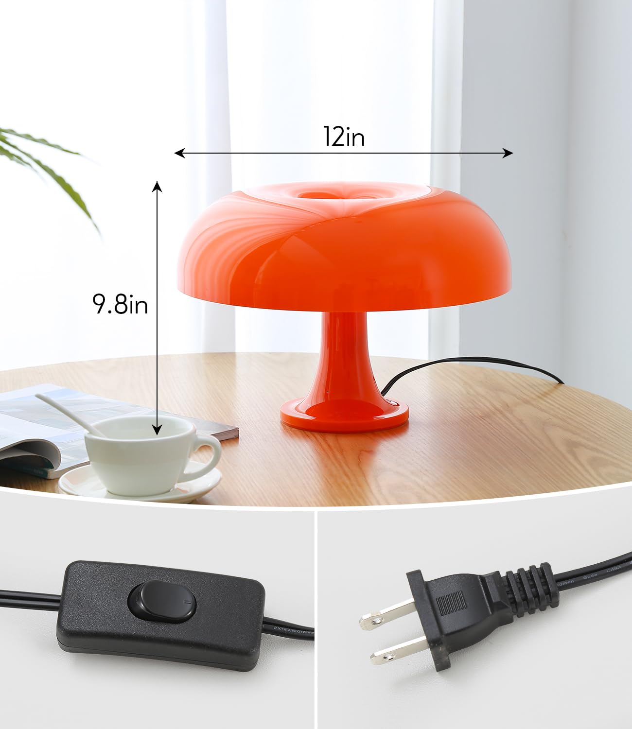 Anykonio Orange Mushroom Table Lamp, Mid-Century Modern Bedside Lamp, Minimalist Bedroom Decor, 2700K Warm Light, Plug-In (Bulb Included)
