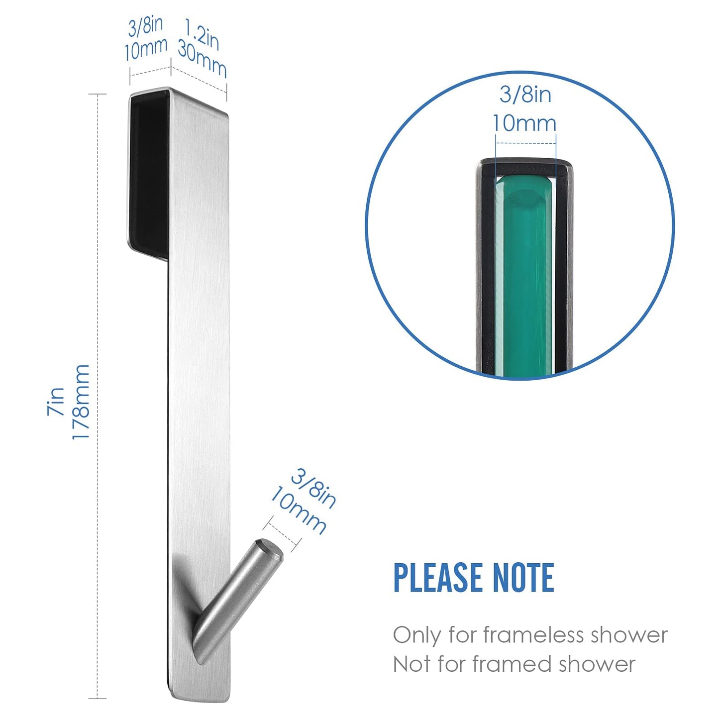 Simtive Extended (7-Inch) Over Door Hooks for Bathroom Frameless Glass Shower Door, Towel Hooks, 2-Pack, Silver