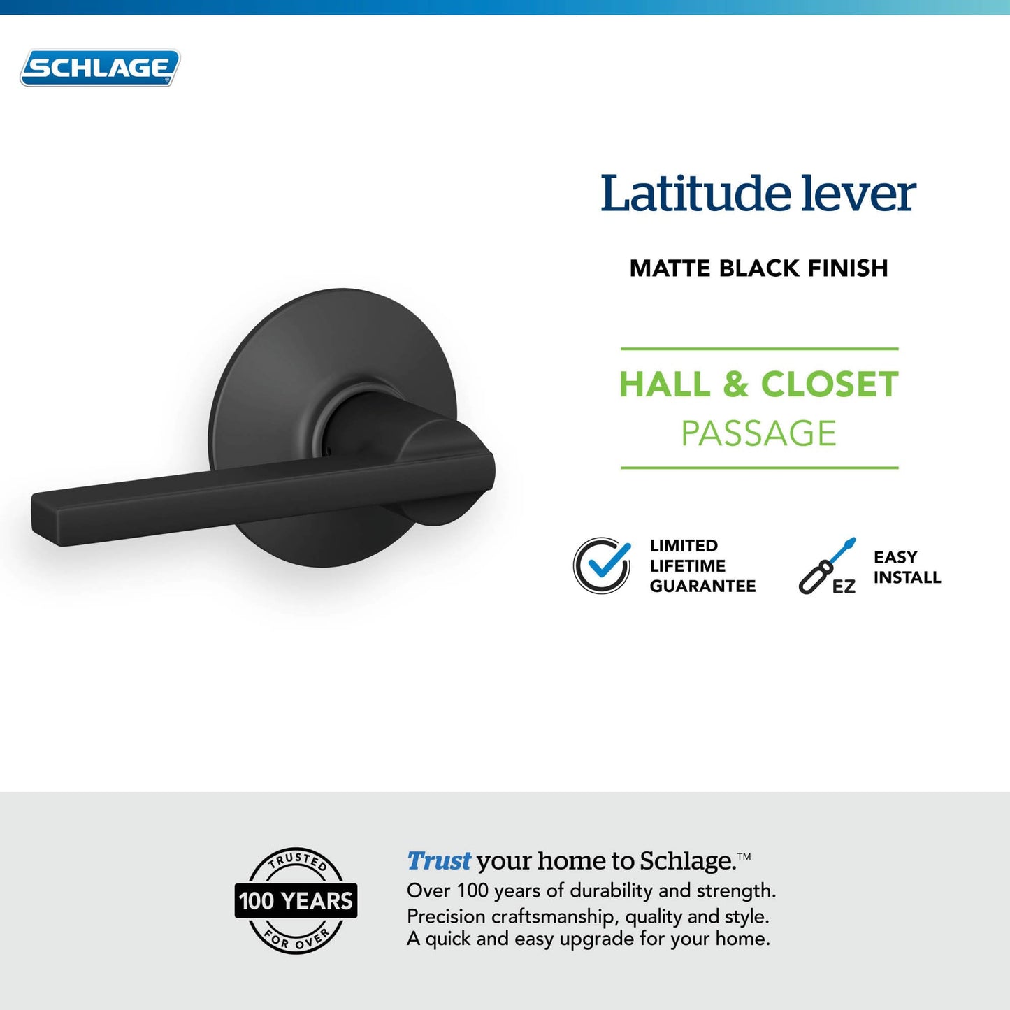 Schlage F10 V LAT 622 Latitude Door Lever, Hall & Closet Passage Lock, Matte Black