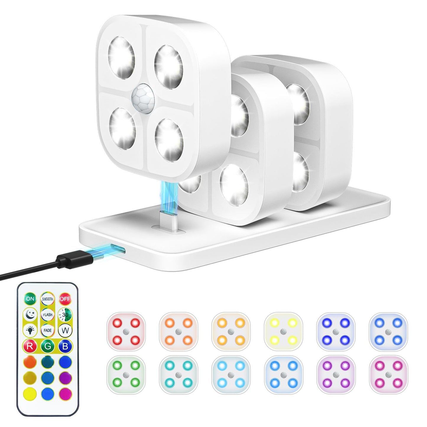 Wireless Rechargeable RGB Puck Lights with Charging Station, Motion Sensor LED Under Cabinet & Stair Lights, Remote Control (3 Pack)