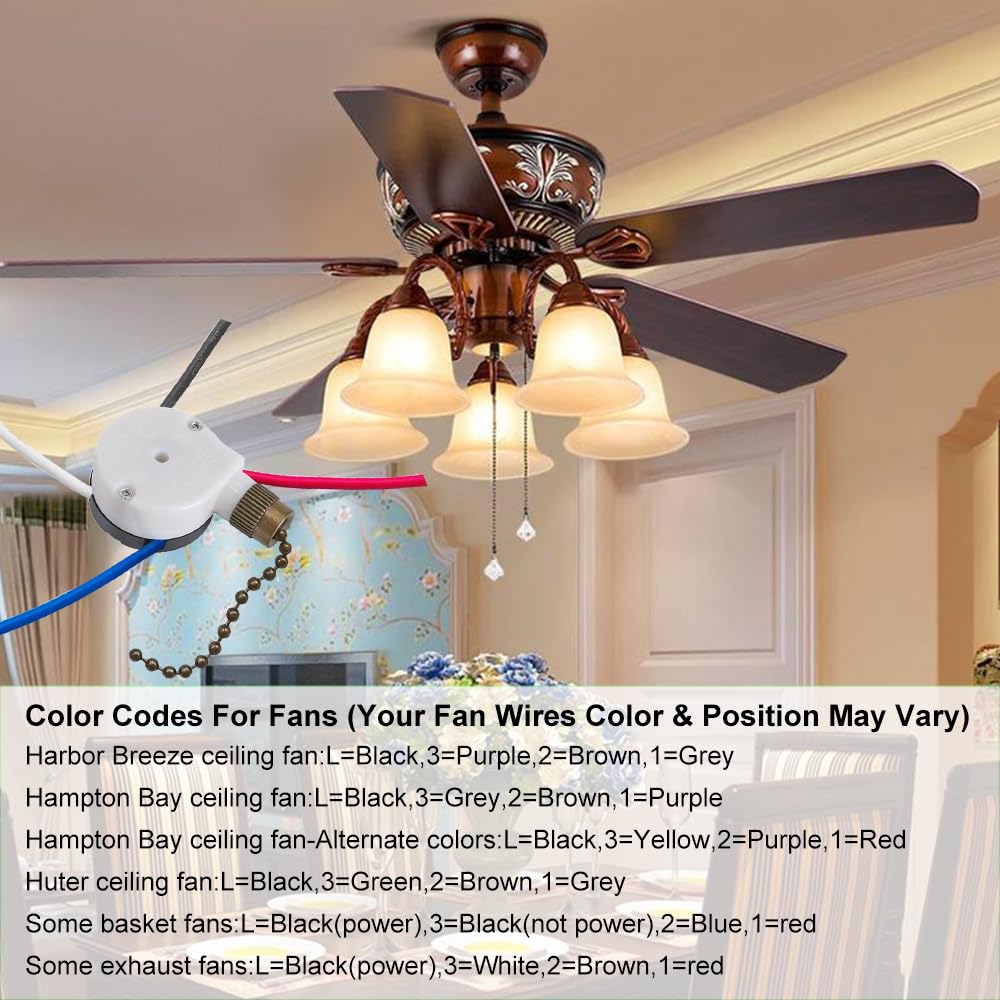 Zing Ear ZE-208s Ceiling Fan Pull Chain Switch, 3-Speed 4-Wire, Pre-Installed, Replacement for Hunter & Harbor Breeze Fans (Bronze)