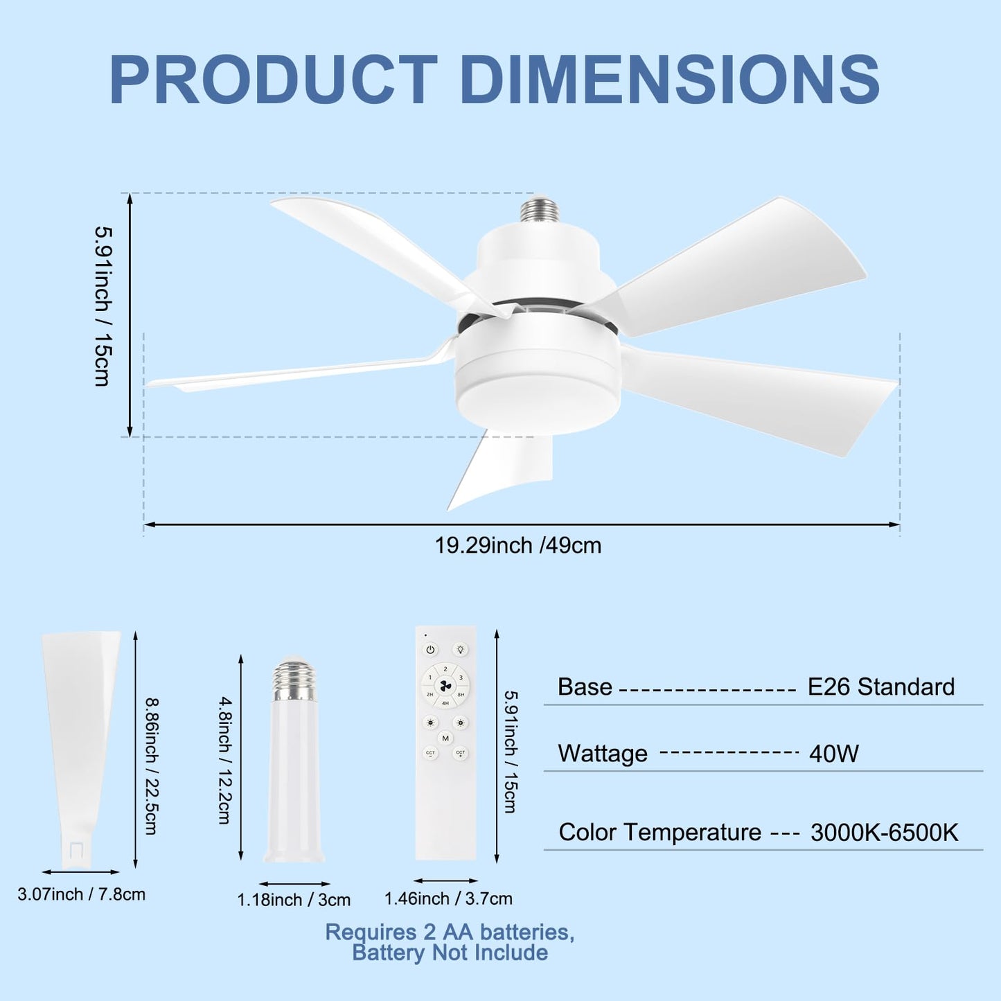 We Charger Socket Fan Light with Spare Panel, E26/E27 Screw-In, Dimmable Ceiling Fan Light for Kitchen, Garage, Basement, Laundry - White