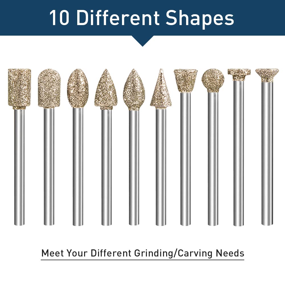20-Pcs Diamond Grinding Burr Bit Set for Rotary Tools, 1/8" Shank, Stone, Ceramic, Glass Carving, Engraving, Polishing & Sanding