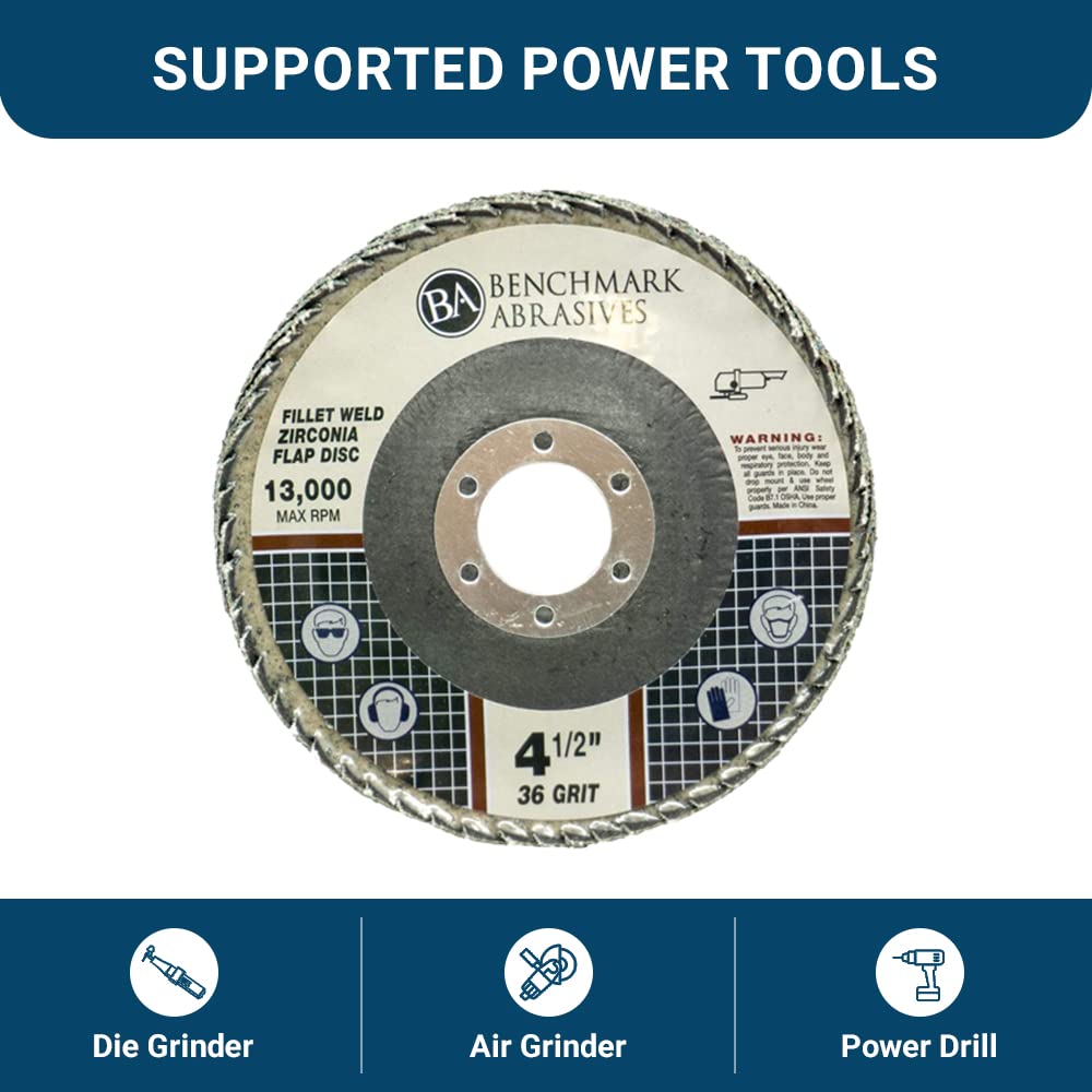 Benchmark Abrasives 4.5" Zirconia Curved Flap Discs, 36 Grit, 5 Pack – Weld Grinding, Deburring & Finishing Irregular Surfaces