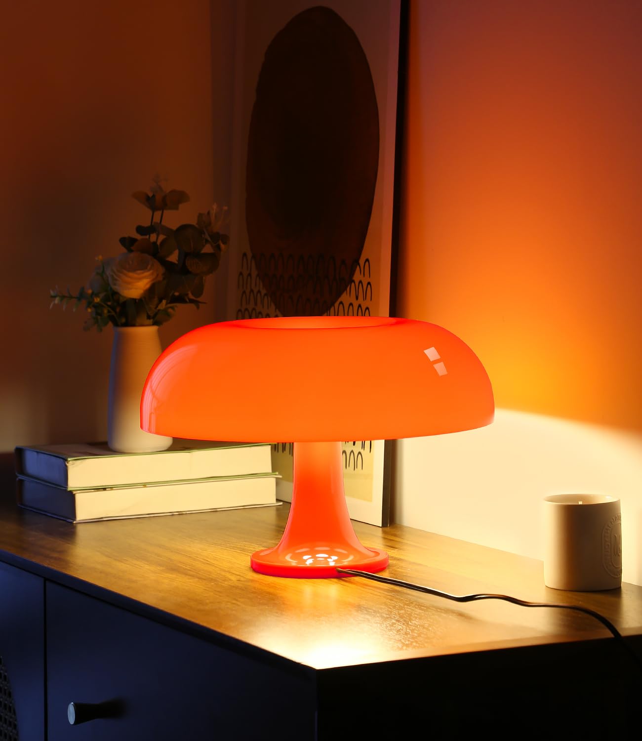 Anykonio Orange Mushroom Table Lamp, Mid-Century Modern Bedside Lamp, Minimalist Bedroom Decor, 2700K Warm Light, Plug-In (Bulb Included)