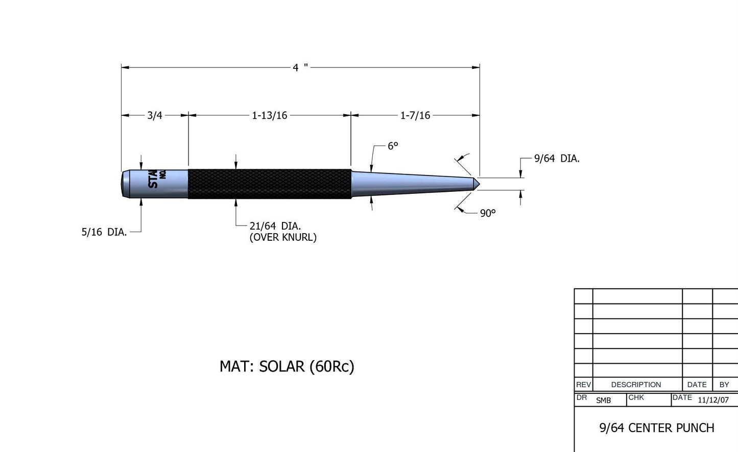 Starrett Steel Center Punch with Round Shank and Knurled Finger Grip - Hardened and Tempered, 4" Length, 1/8" Diameter Tapered - 117C