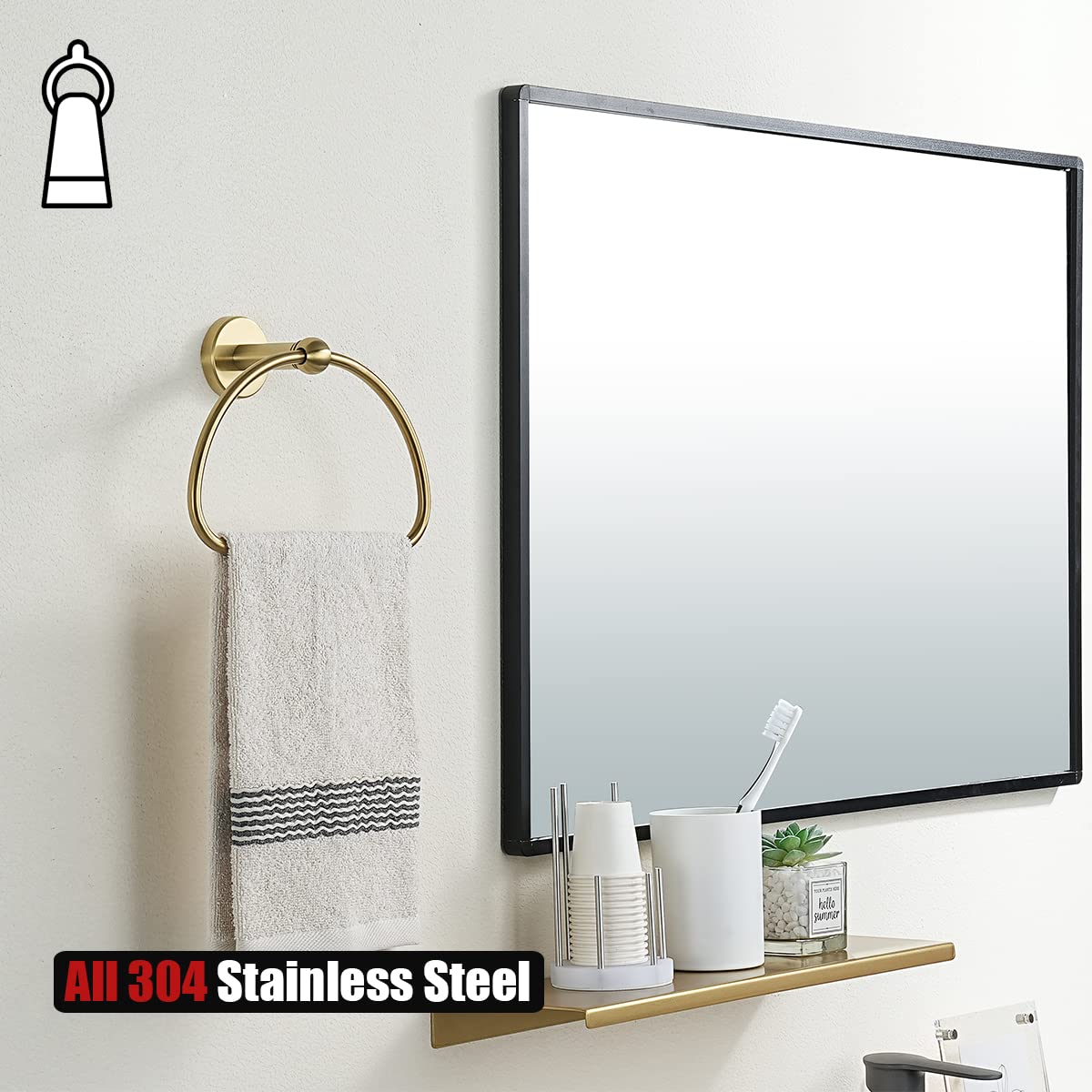 JQK Towel Ring Light Gold, Stainless Steel Half Ring Towel Holder for Bathroom, 7 Inch Brushed Golden Wall Mount, TR160-BG