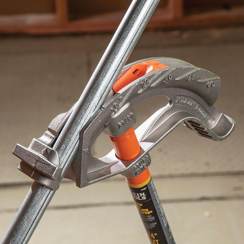 Klein Tools 51607 Aluminum Conduit Bender Full Assembly, 3/4-Inch EMT, 1/2-Inch Rigid, Wide Foot Pedal, Benchmark Symbols and Angle Setter