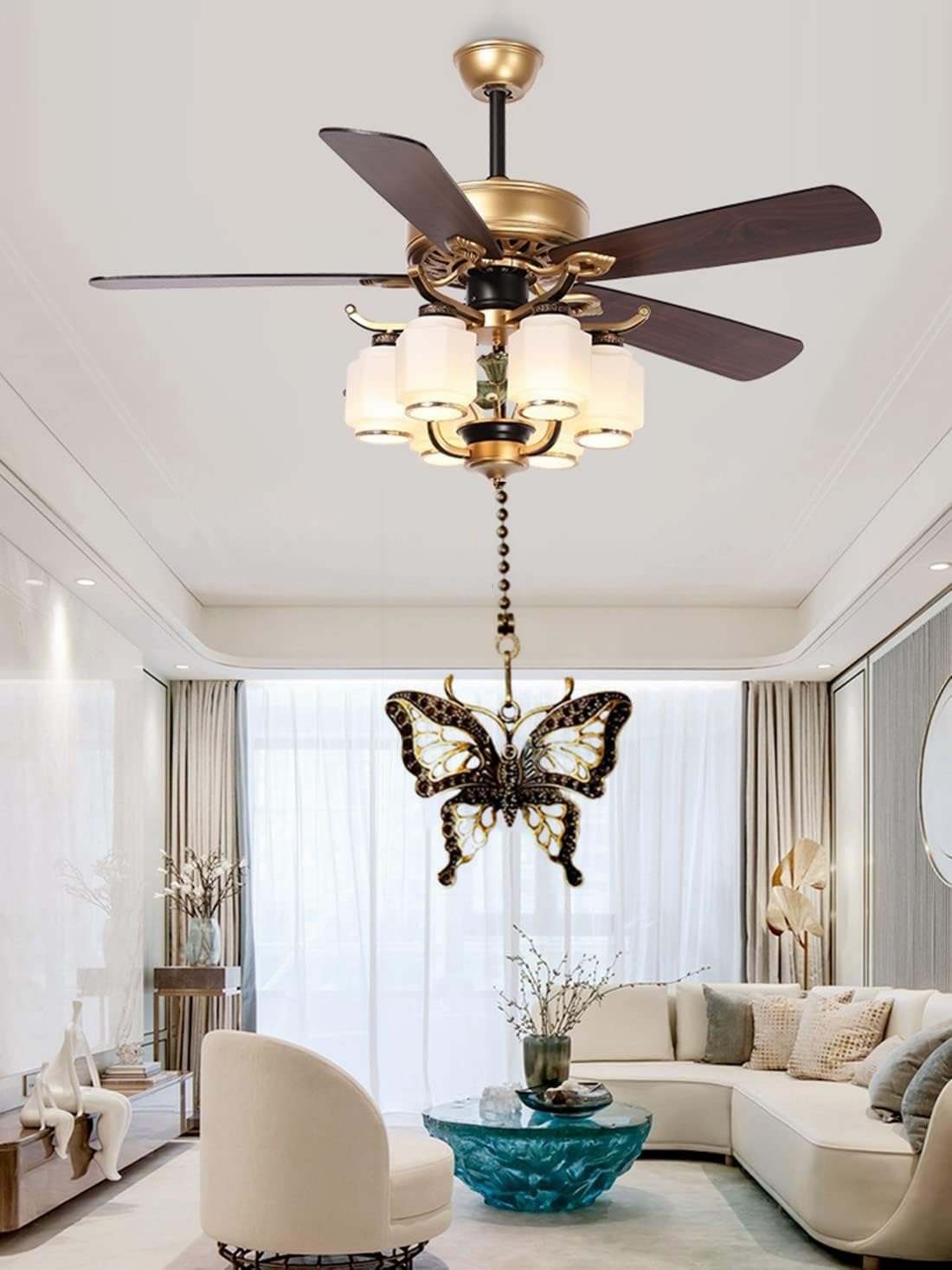 GDQLCNXB 12" Ceiling Fan Pull Chain Extenders with Dragonfly & Butterfly Ornaments, Beaded Ball Chains with Connector, 2-Pack