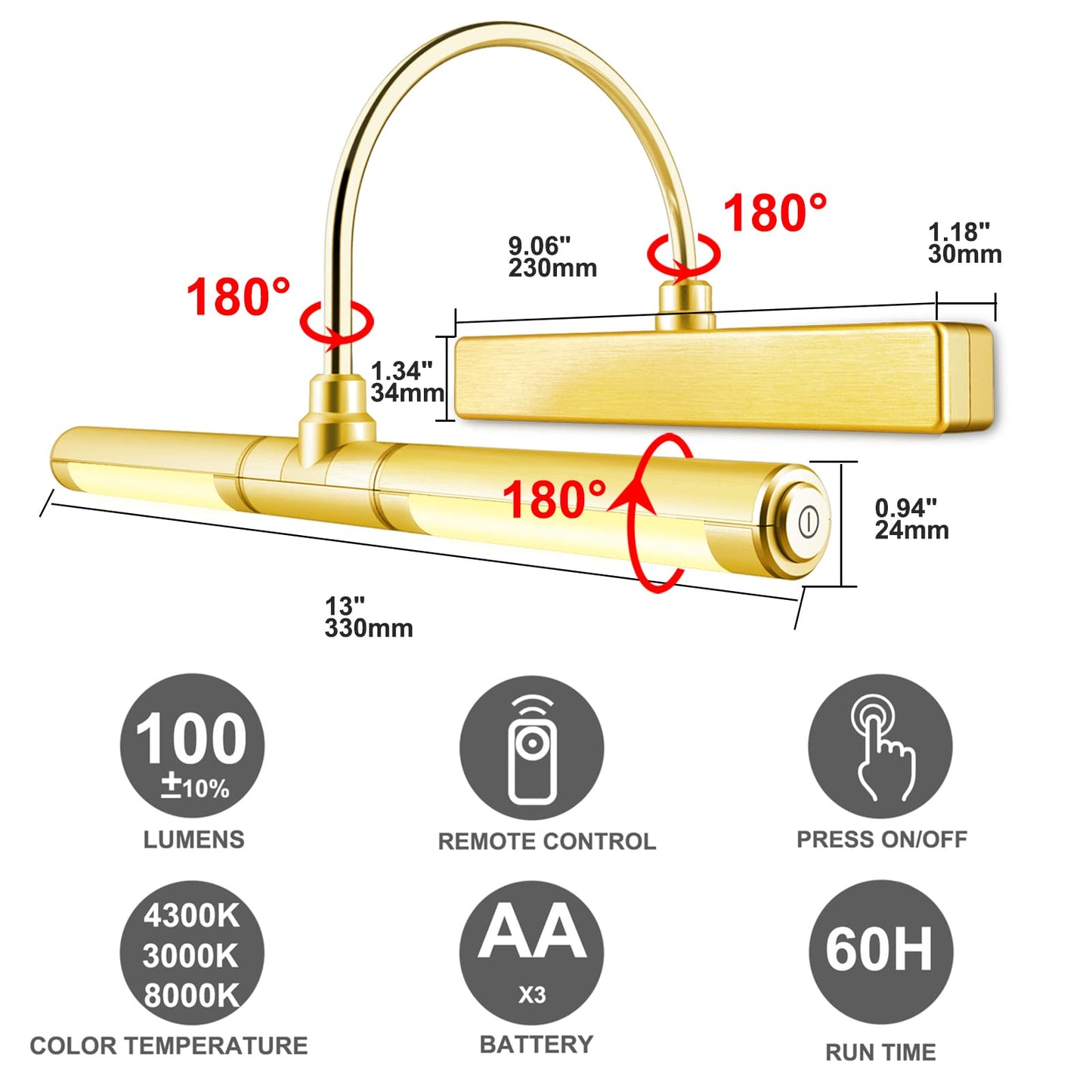 LUXSWAY Wireless Picture Light with Remote | Battery Operated, Dimmable & Timer, 180° Adjustable for Wall Art & Canvas – Gold