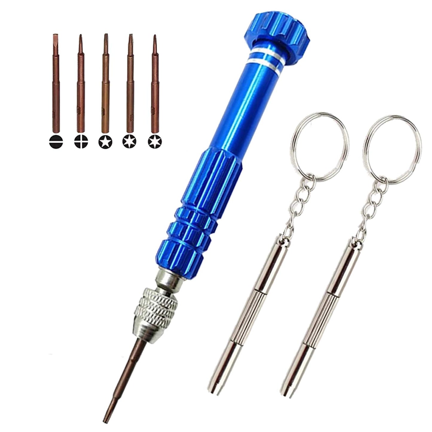 5-in-1 Eyeglass & Electronics Repair Kit – Precision Screwdrivers (T5-T6,+/-1.5,Star 0.8) with Mini Keychain for Glasses, Watches, Phones