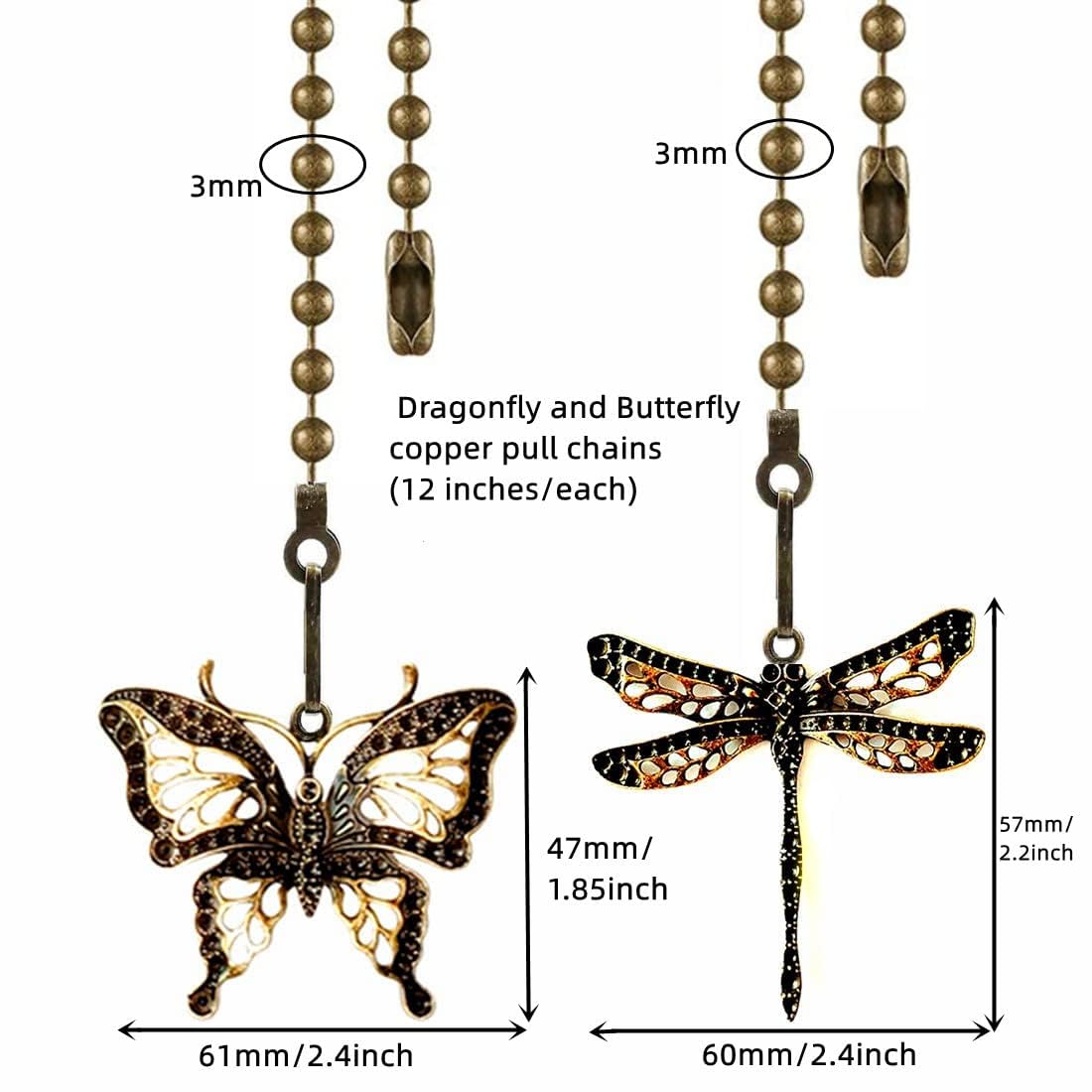 GDQLCNXB 12" Ceiling Fan Pull Chain Extenders with Dragonfly & Butterfly Ornaments, Beaded Ball Chains with Connector, 2-Pack