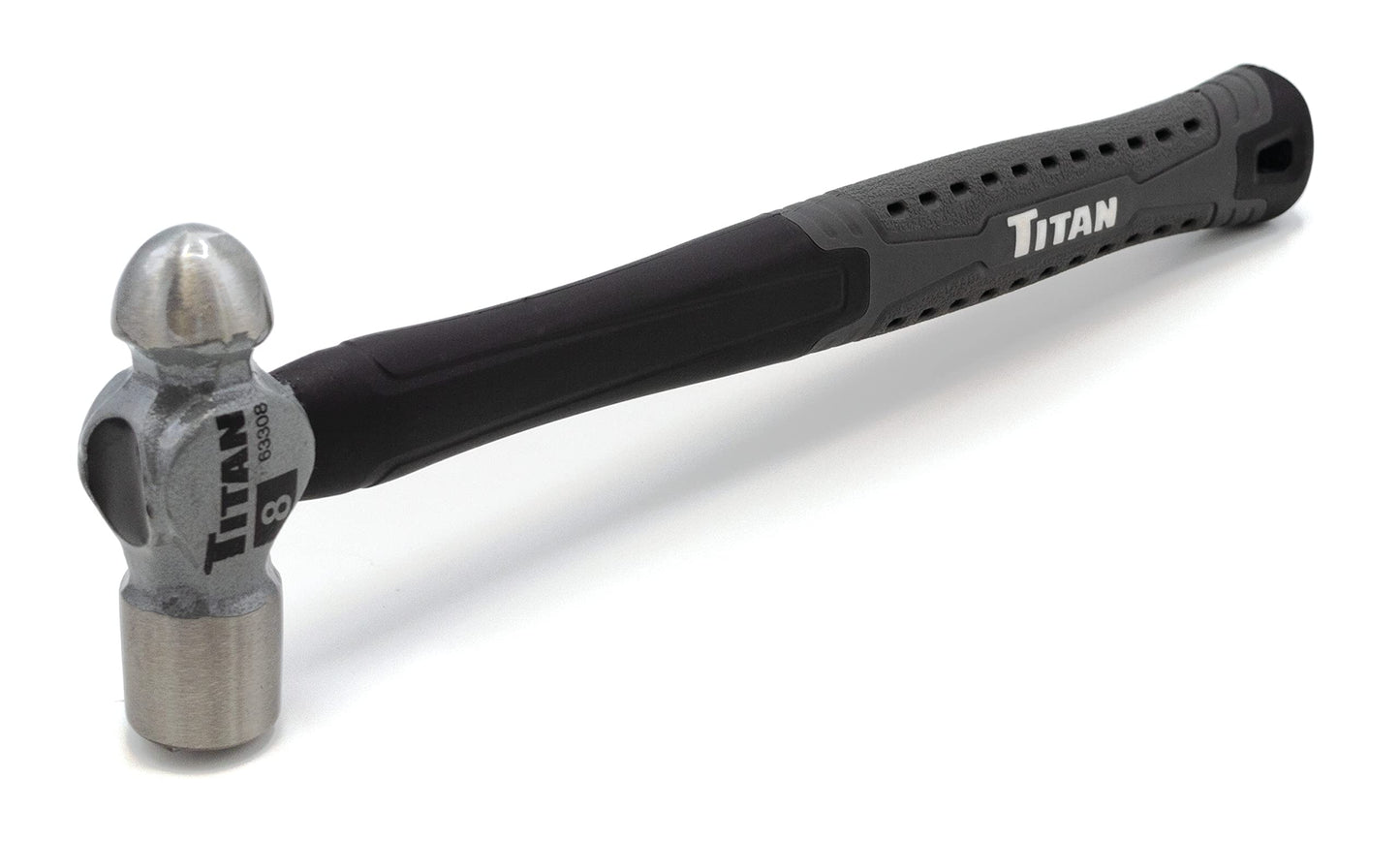 Titan 63308 8oz Ball Pein Hammer, Forged Steel Head, 11" Shock Absorbing Fiberglass Handle with Textured Rubber Grip