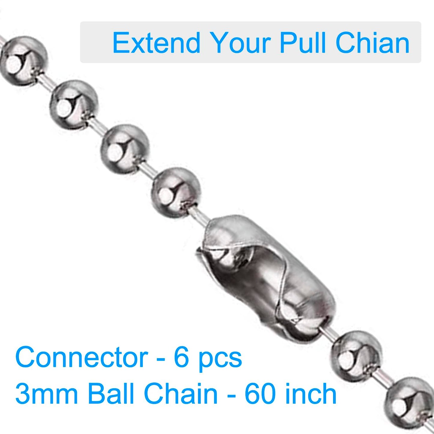 Ceiling Fan Pull Chain 60" Extension, Rust-Proof Stainless Steel Ball Chain with Connectors, 3mm Silver for Fans & Light Fixtures