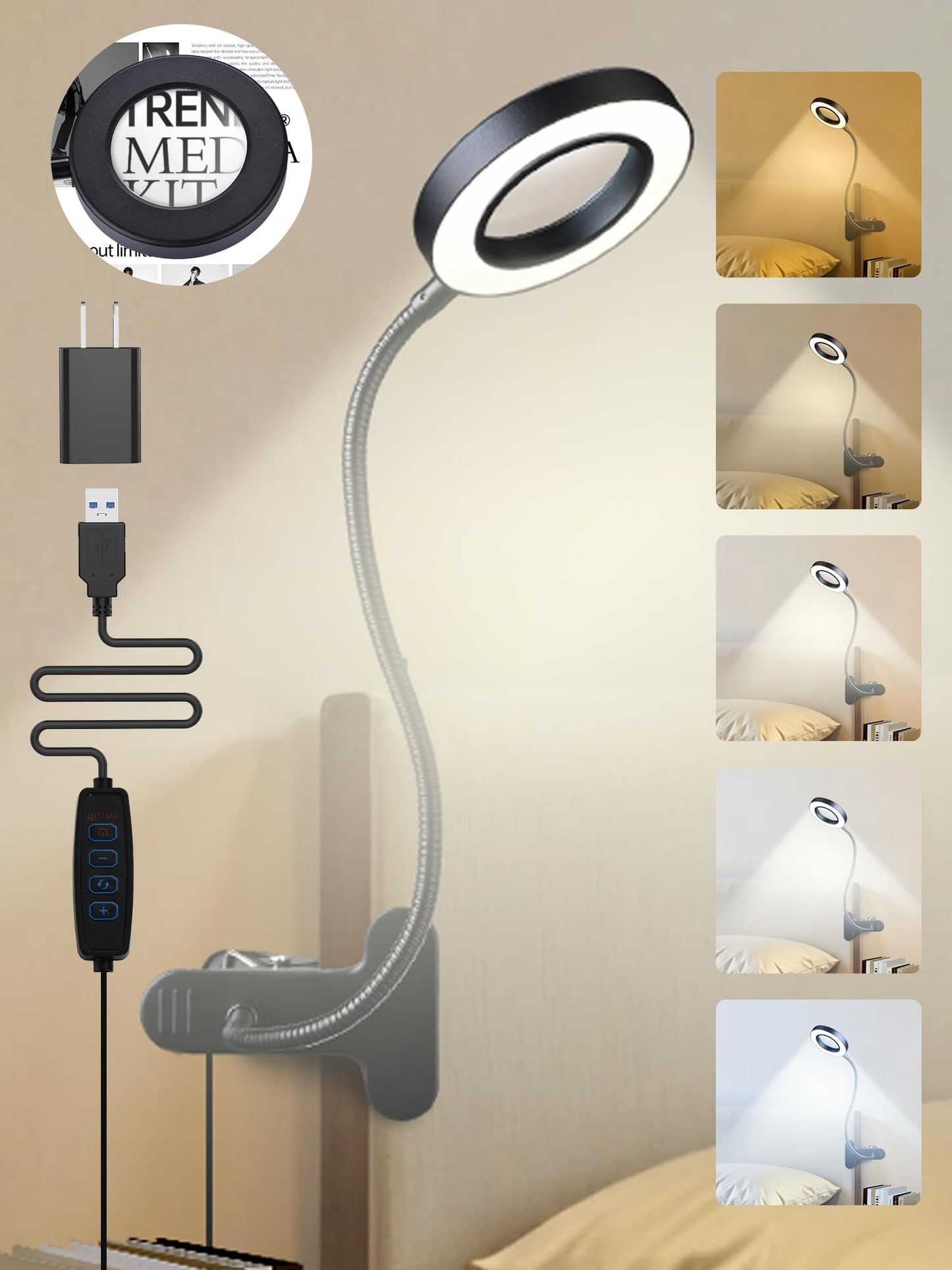 ReinHoo 10X LED Magnifying Glass with 5 Colors & 10 Brightness, 58 LED 750 Lumen Clip-On Lamp for Reading, Desk, Bed, Nail Work