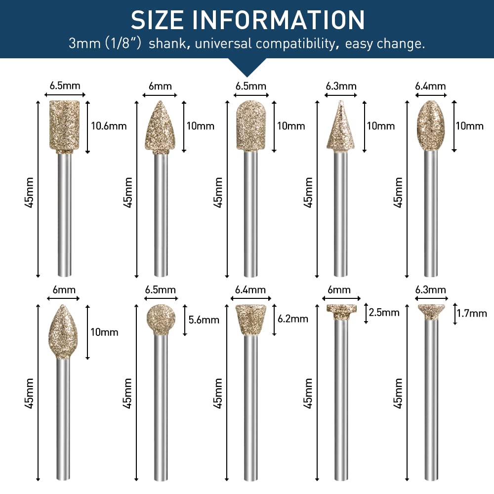 20-Pcs Diamond Grinding Burr Bit Set for Rotary Tools, 1/8" Shank, Stone, Ceramic, Glass Carving, Engraving, Polishing & Sanding