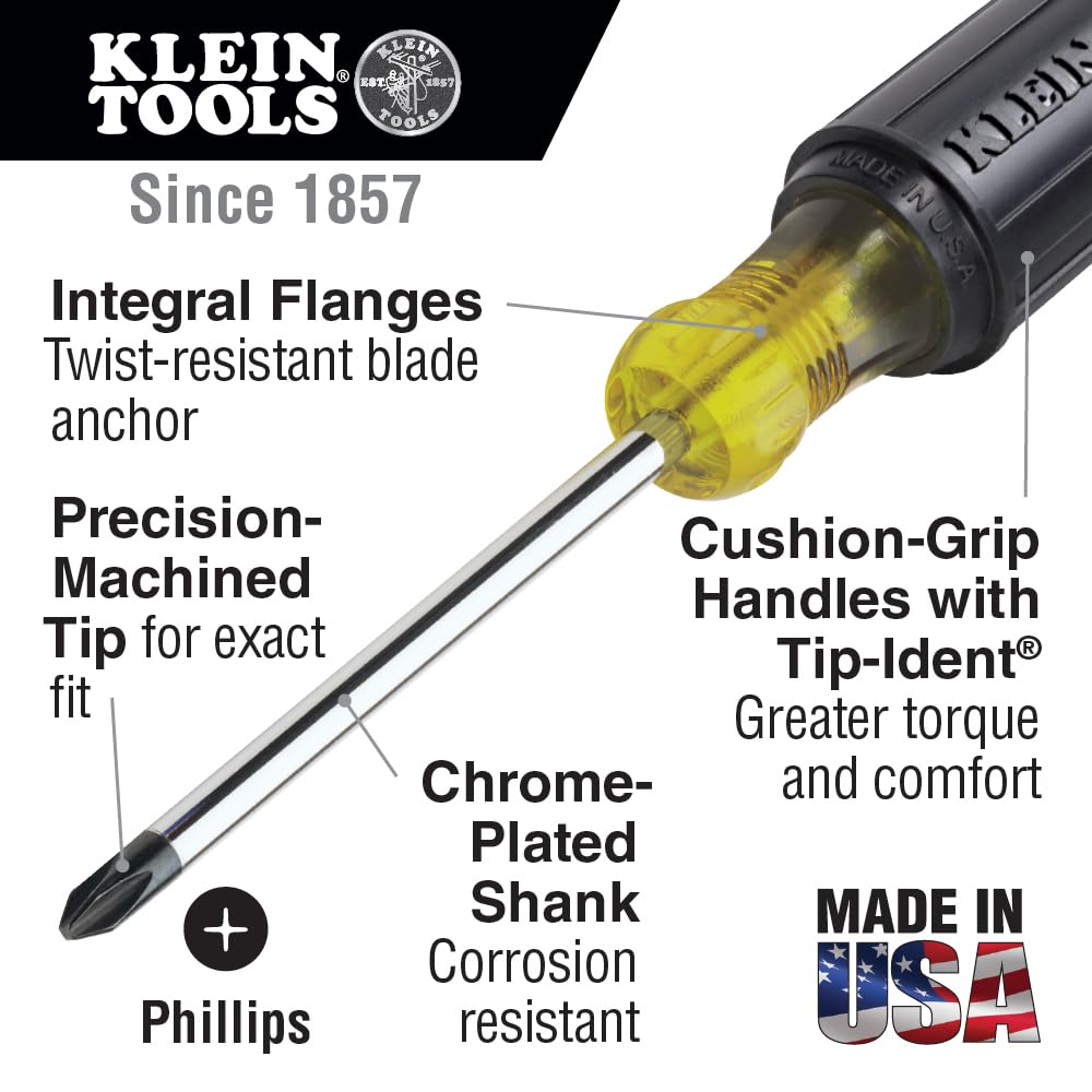 Klein Tools 603-4 Screwdriver, Made in USA, #2 Phillips Tip, Cushion Grip, Precision Machined Electrician Screwdriver, Home Improvement