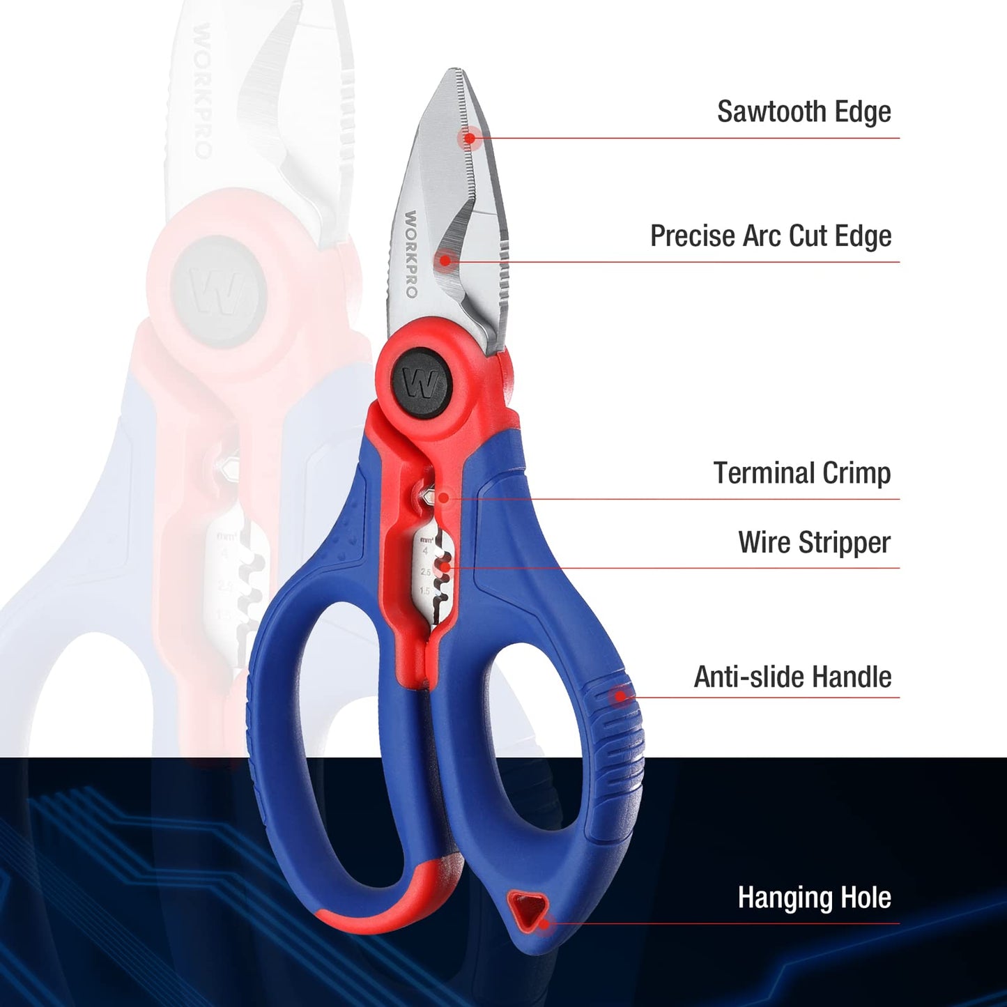 WORKPRO Stainless Electricians Scissors, 6.4" Professional Electrician Shears with Wire Stripper for Soft Cable (Not Suitable for Diving Use)