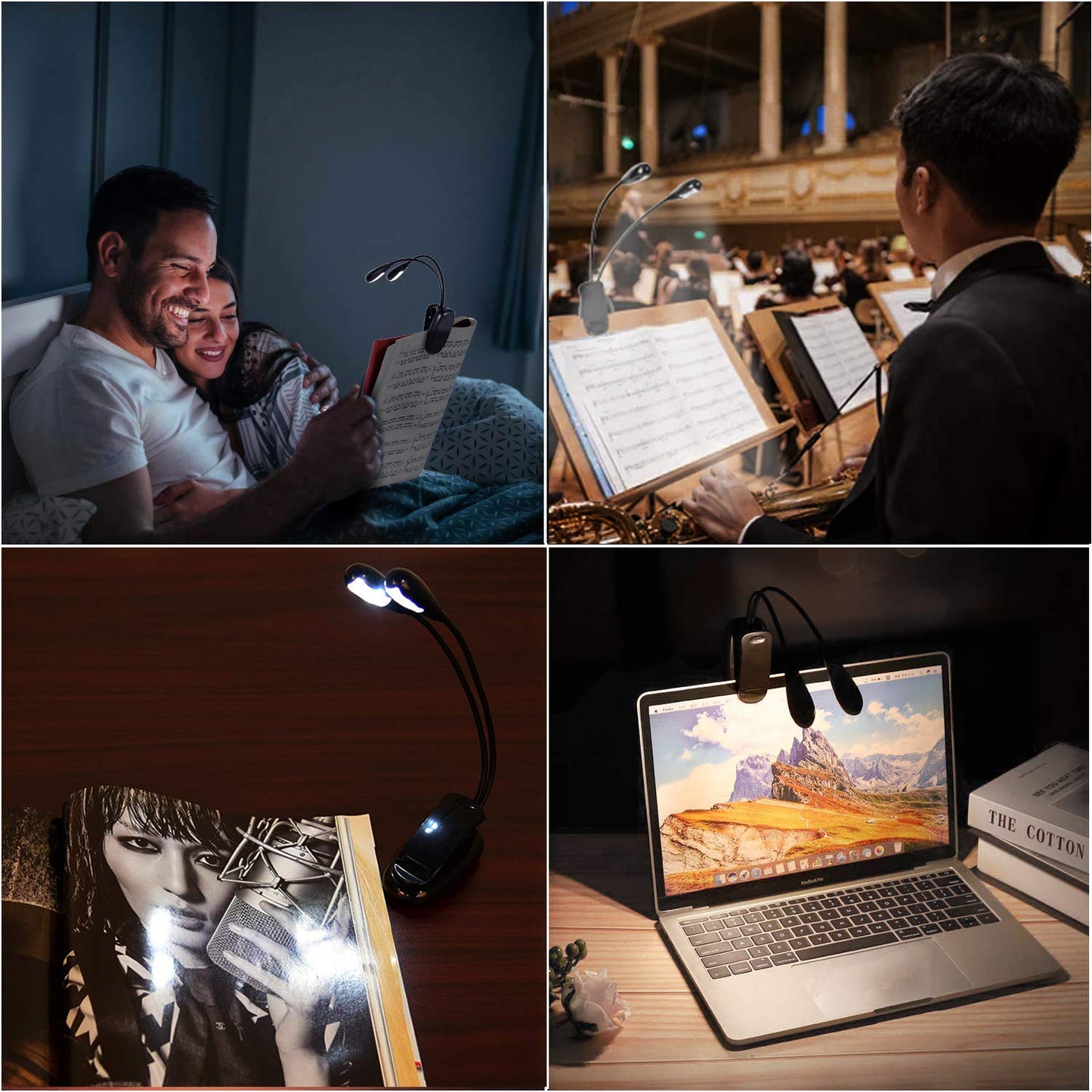 Music Stand Light, Dual Arm Clip-On LED Book Light, USB & AAA Battery Powered, 4 Brightness Levels, Reading Lamp for Musicians, Piano & Sheet Music