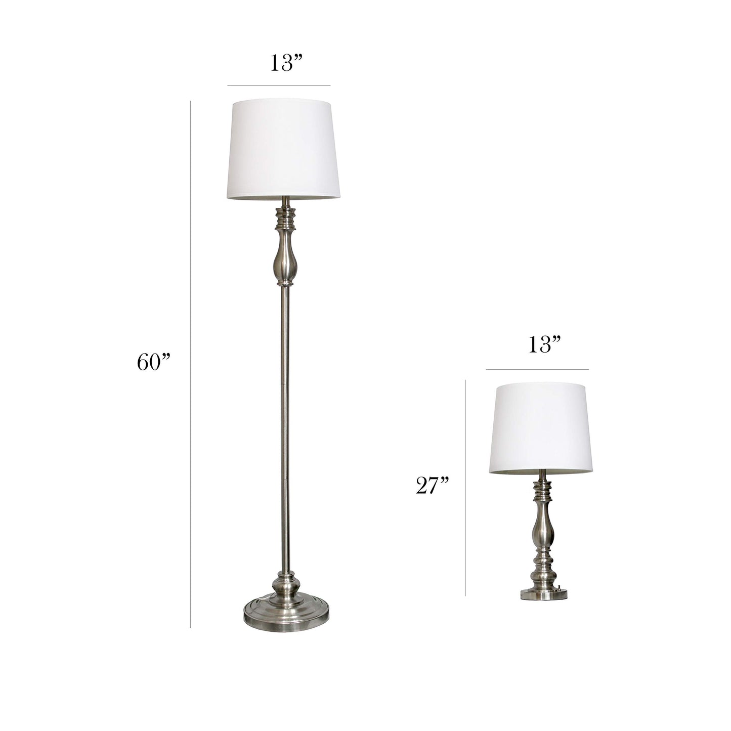Elegant Designs LC1015-BST Brushed Steel Three Pack Lamp Set (2 Table Lamps, 1 Floor Lamp) with White Fabric Shades