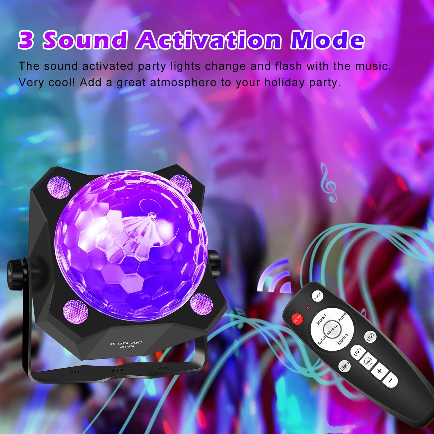 DJPTYGCK 2-in-1 Glow Party Black Light Disco Ball, Sound Activated Strobe DJ Light for Halloween, Christmas & Birthday Parties