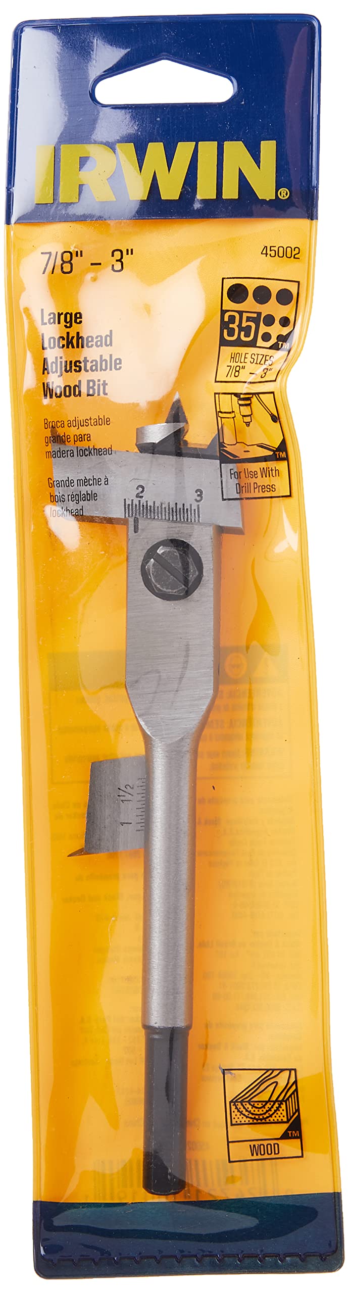 IRWIN Tools 45002 Lockhead Adjustable 7/8-Inch to 3-Inch Adjustable Spade Drill Bit for a Drill Press