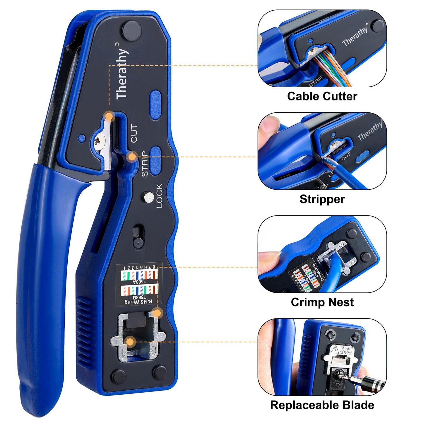 Therathy RJ45 Crimp Tool Kit, Ethernet Crimper for Pass-Through RJ45, Includes Cat6 Connectors, Cat5/Cat5e/Cat6 Network Cable Tool Set