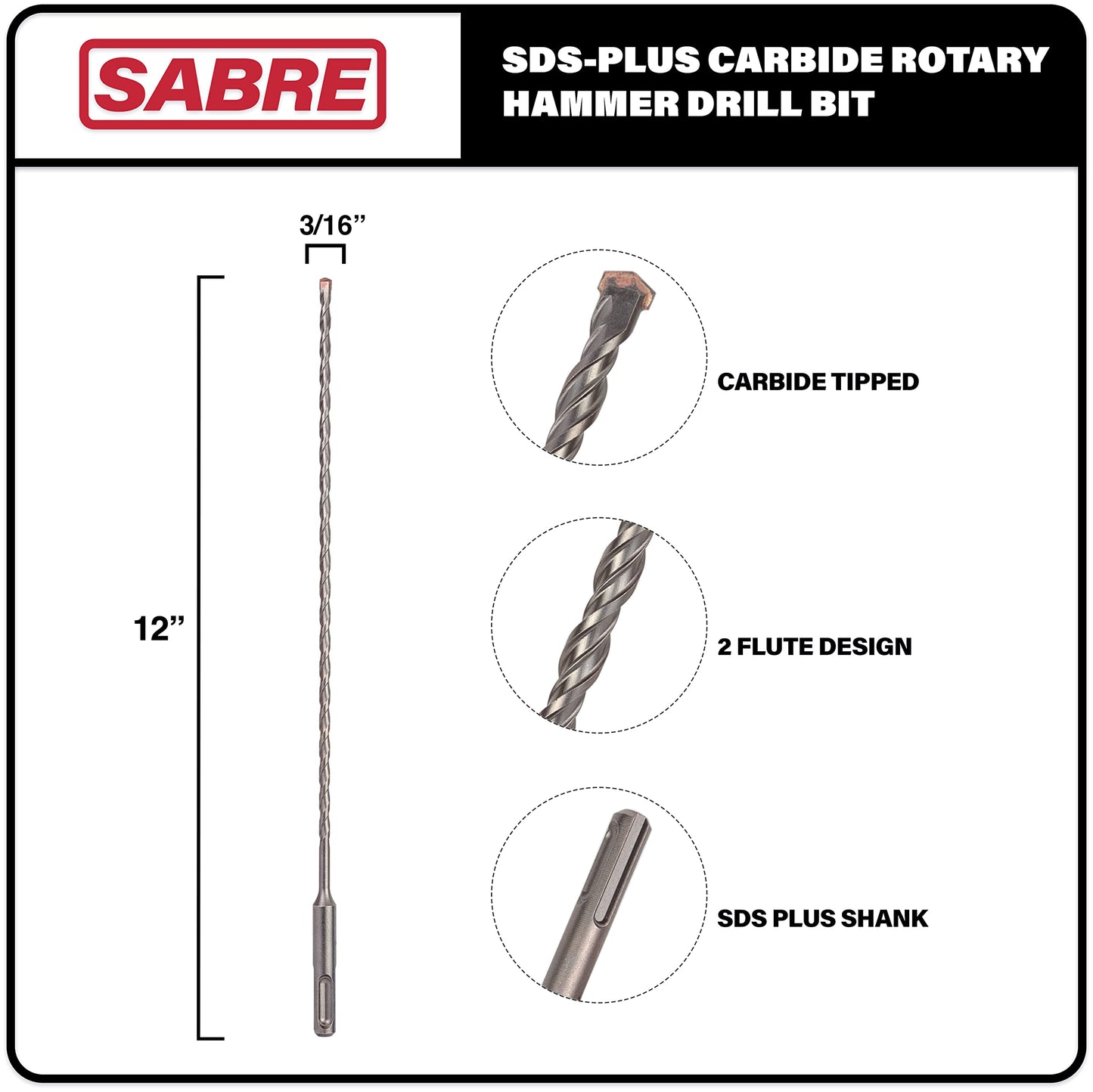 Sabre Tools 3/16 Inch x 12 Inch SDS Plus Rotary Hammer Drill Bit, Carbide Tipped for Brick, Stone, and Concrete (3/16" x 10" x 12")
