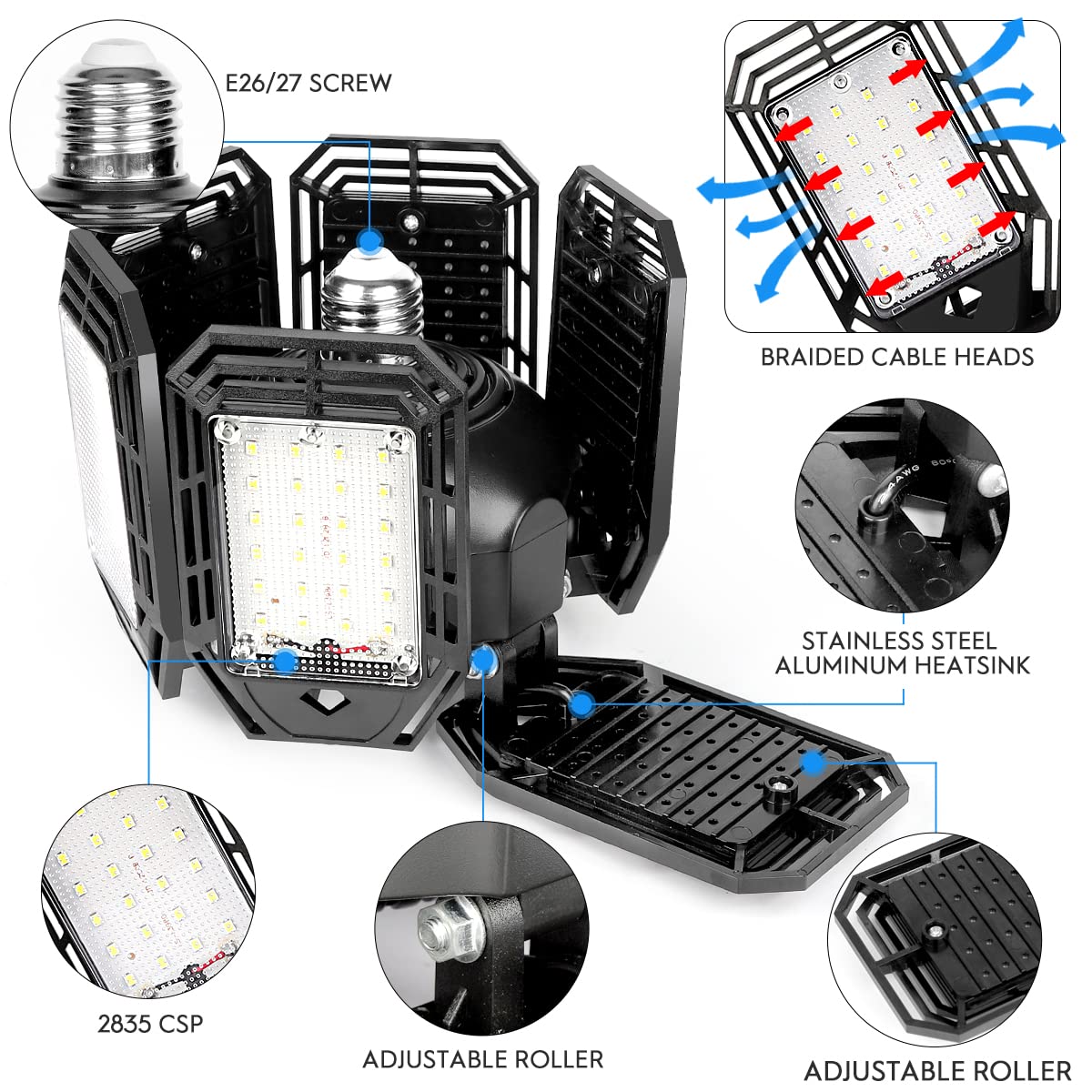 2 Pack 180W LED Garage Lights, 18000LM, 6 Adjustable Panels, Deformable Ceiling Shop Light Fixture, E26/E27 Ultra Bright for Workshop
