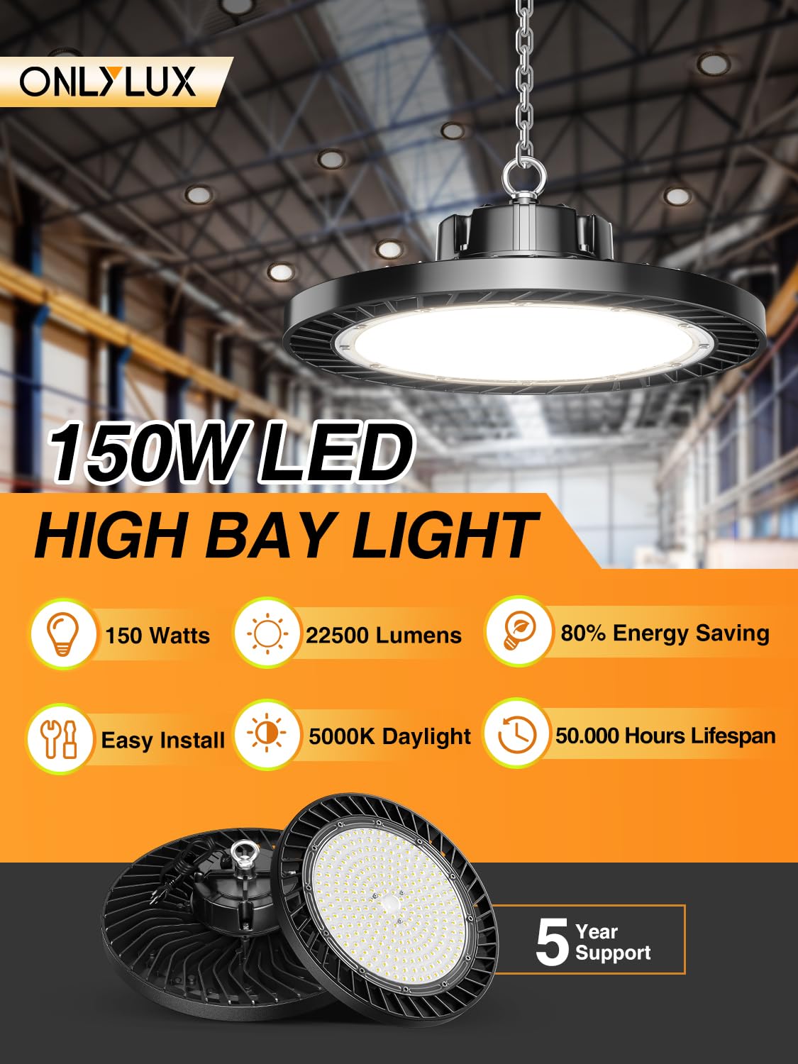 ONLYLUX 12-Pack UFO LED High Bay Light 150W 5000K 22500LM, Commercial Garage Workshop Warehouse Barn, Plug & Play