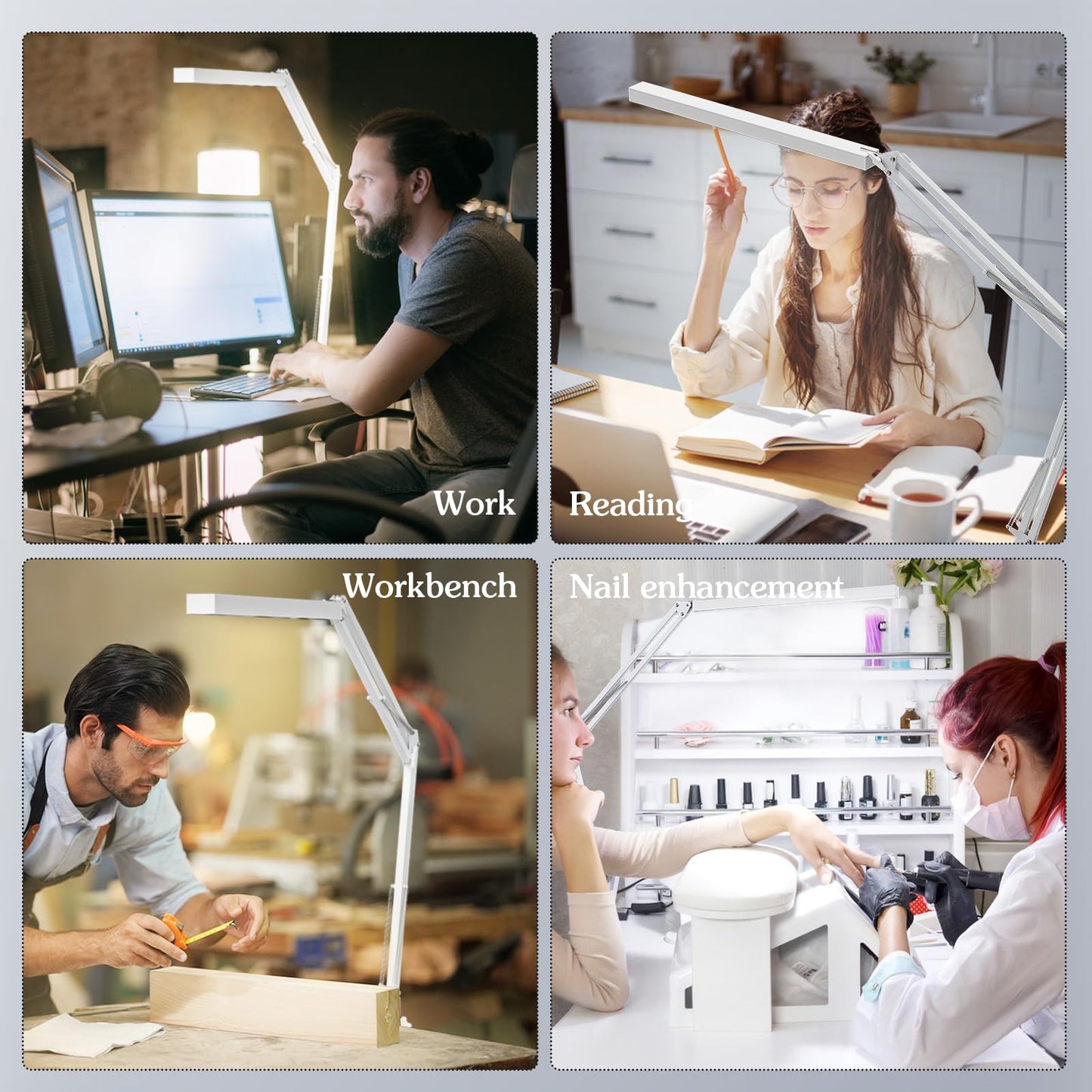 BZBRLZ LED Desk Lamp, 16” Wide Head Manicure Table Light, Dimmable Eye-Care Drafting Lamp, 3 Color Modes, 10 Brightness Levels, Memory Function, Adapter (White)