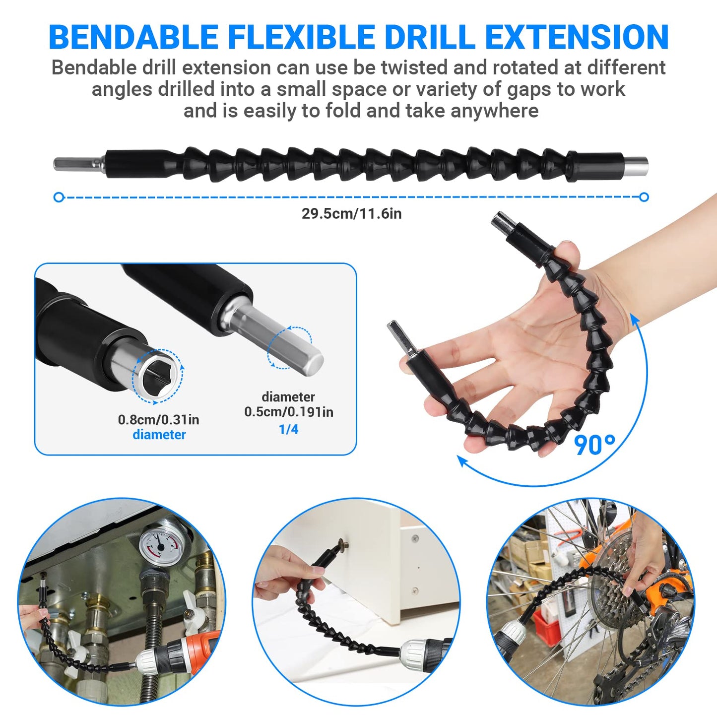 24-Piece Flexible Drill Bit Extension Set, 105° Right Angle Attachment, 1/4" 3/8" 1/2" Hex Socket Adapters, Rotating Joint, Storage Box